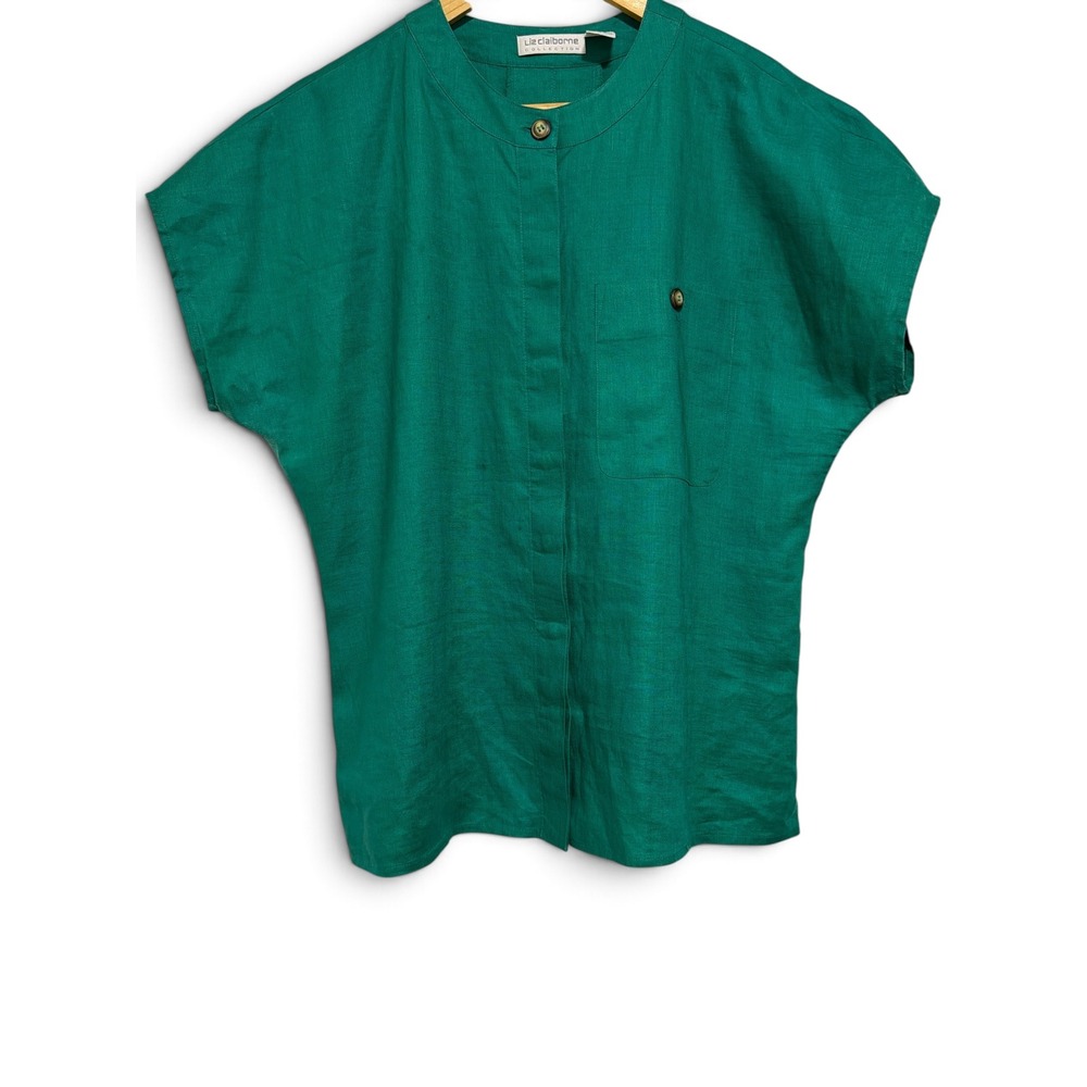 Vintage Liz Claiborne Emerald Green 100% Linen Band Collar Cropped Blouse Top 12